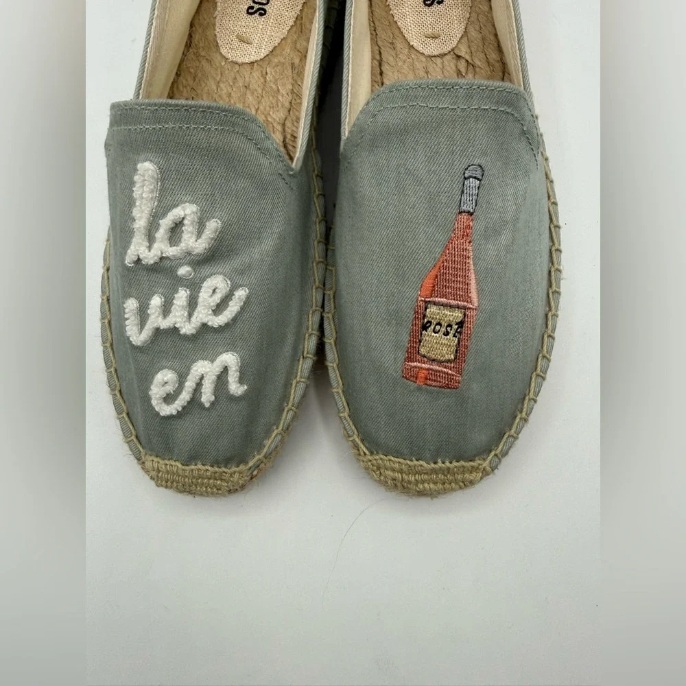 Soludos La Vie En Rosé Embroidered Espadrille Flats Blue Canvas Slip-On Shoes